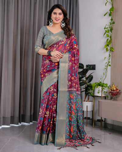 Royal Purple & Grey Art Silk Saree with Elegant Floral Heritage Vine Design