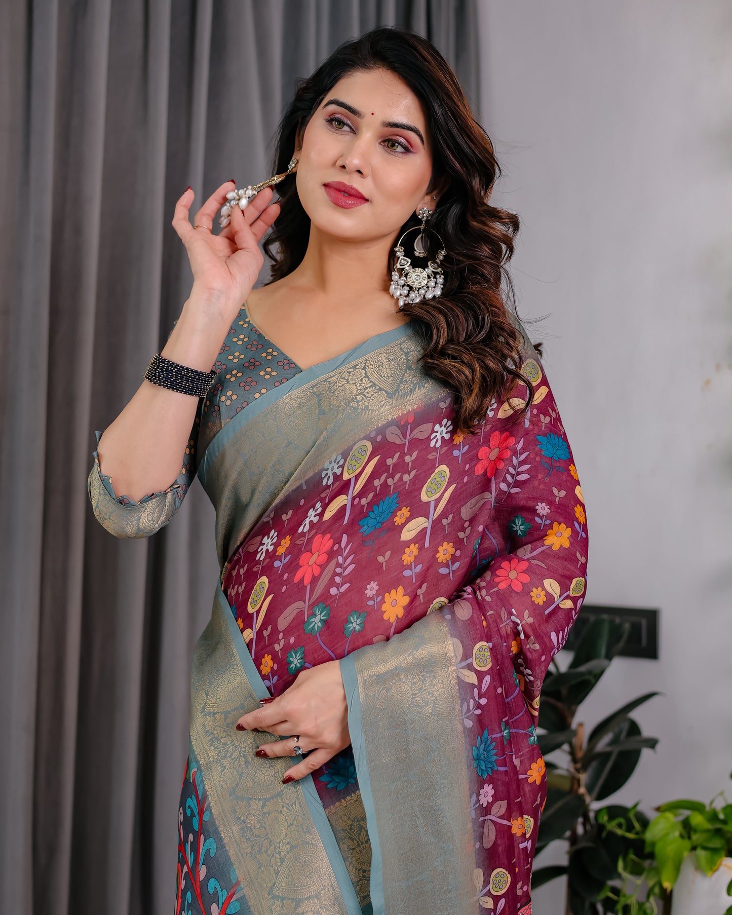 Royal Purple & Grey Art Silk Saree with Elegant Floral Heritage Vine Design