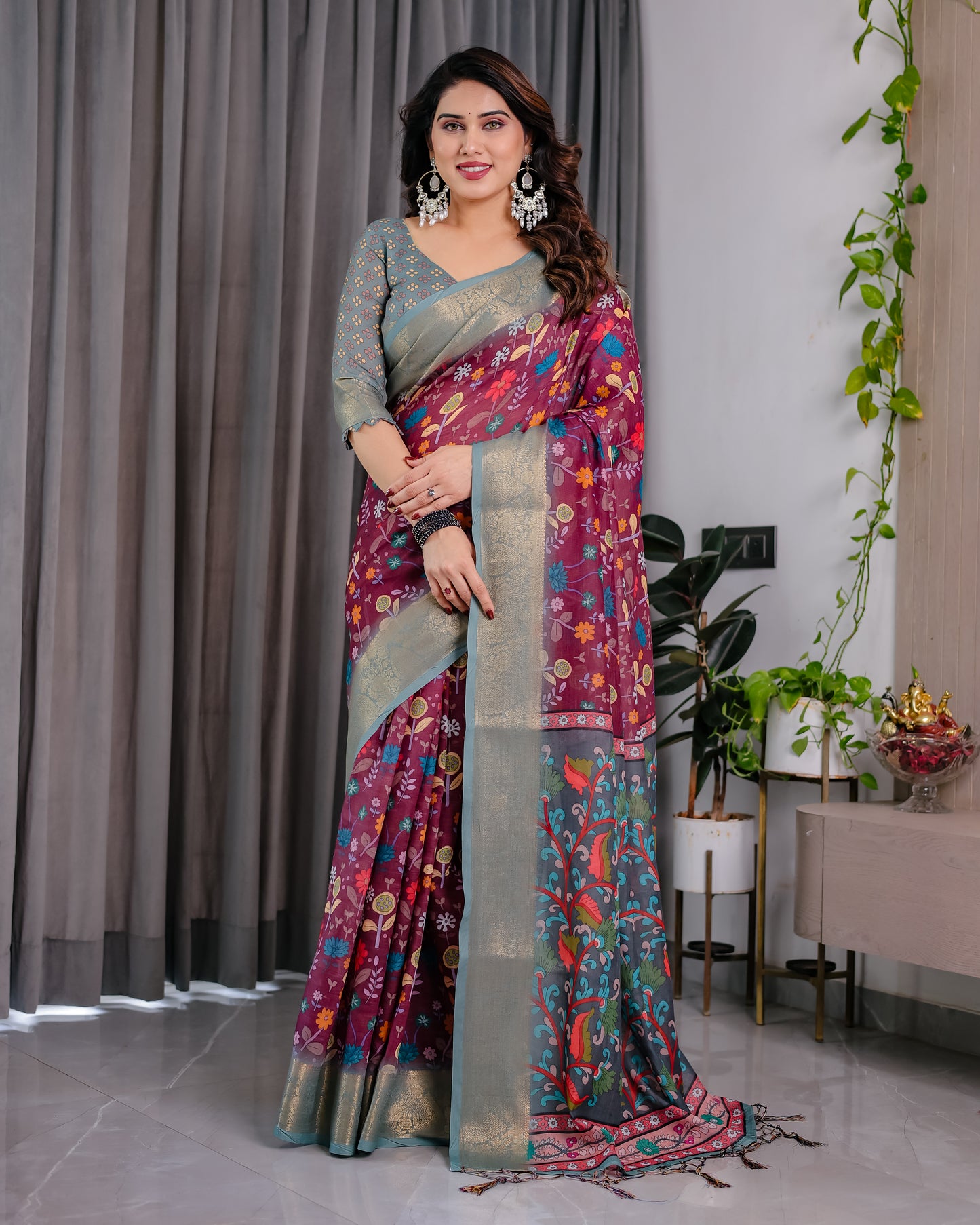 Royal Purple & Grey Art Silk Saree with Elegant Floral Heritage Vine Design