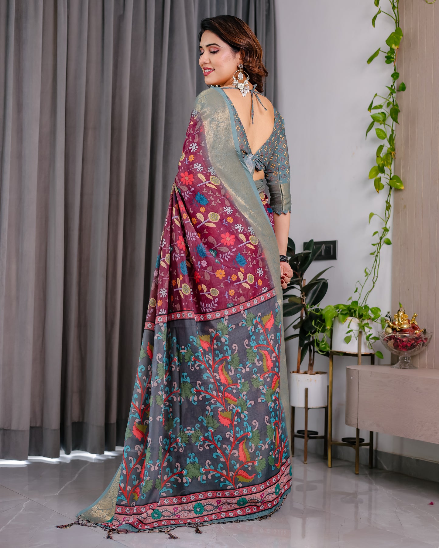 Royal Purple & Grey Art Silk Saree with Elegant Floral Heritage Vine Design