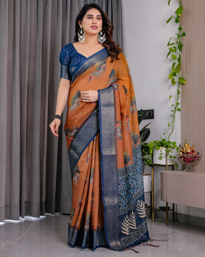 Classic Brown & Indigo Art Silk Saree with Royal Folk Motif Heritage Design