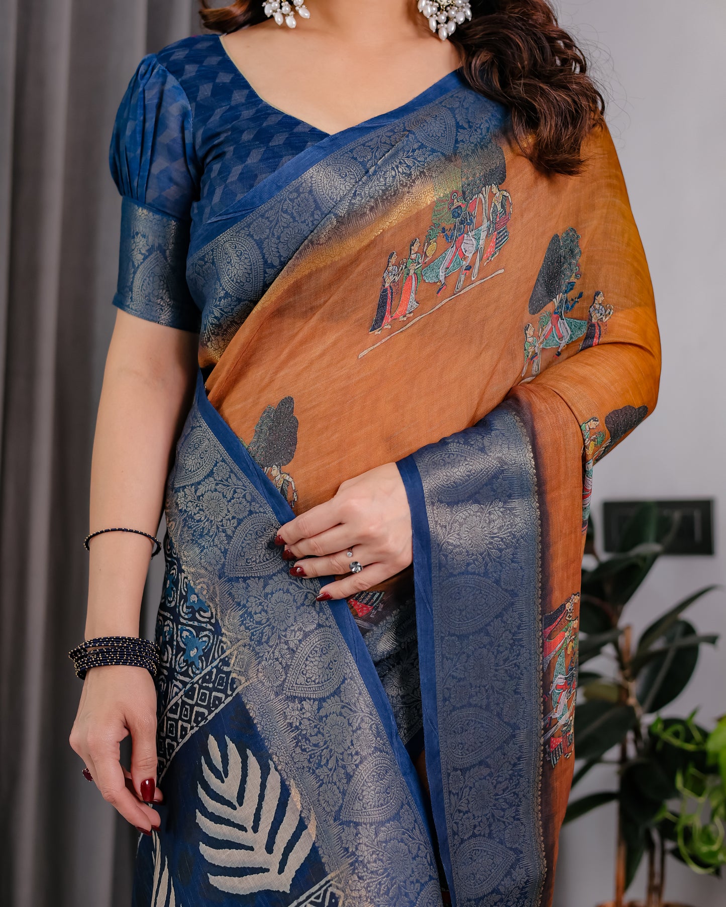 Classic Brown & Indigo Art Silk Saree with Royal Folk Motif Heritage Design