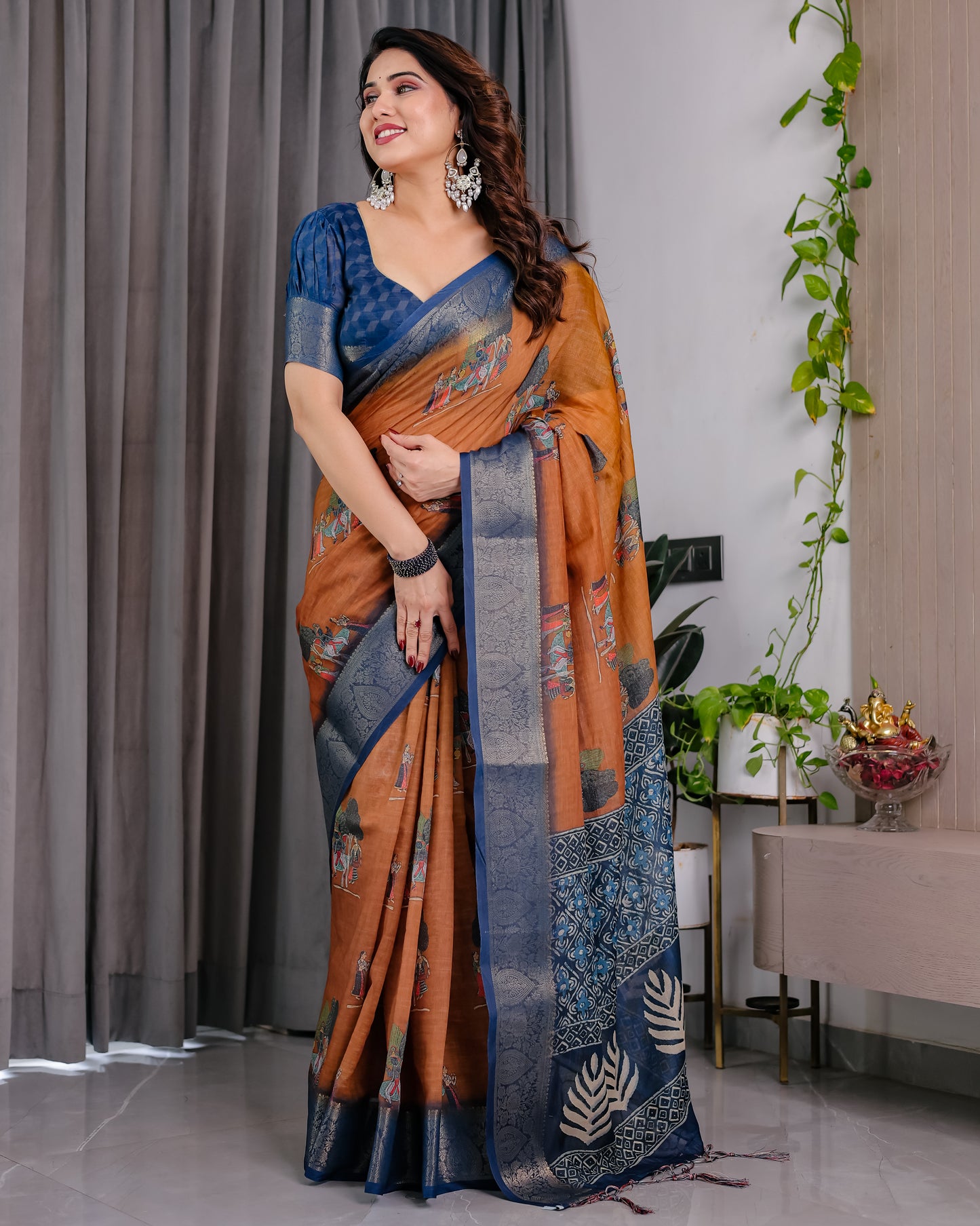 Classic Brown & Indigo Art Silk Saree with Royal Folk Motif Heritage Design