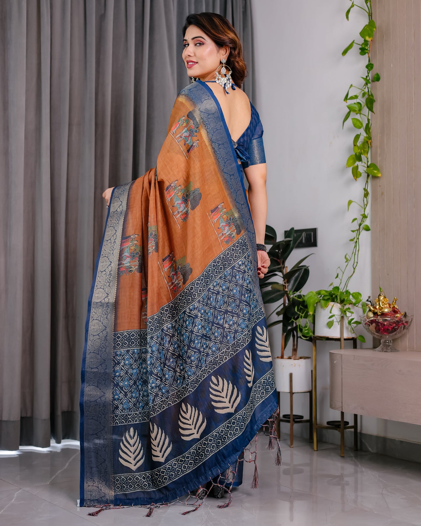 Classic Brown & Indigo Art Silk Saree with Royal Folk Motif Heritage Design