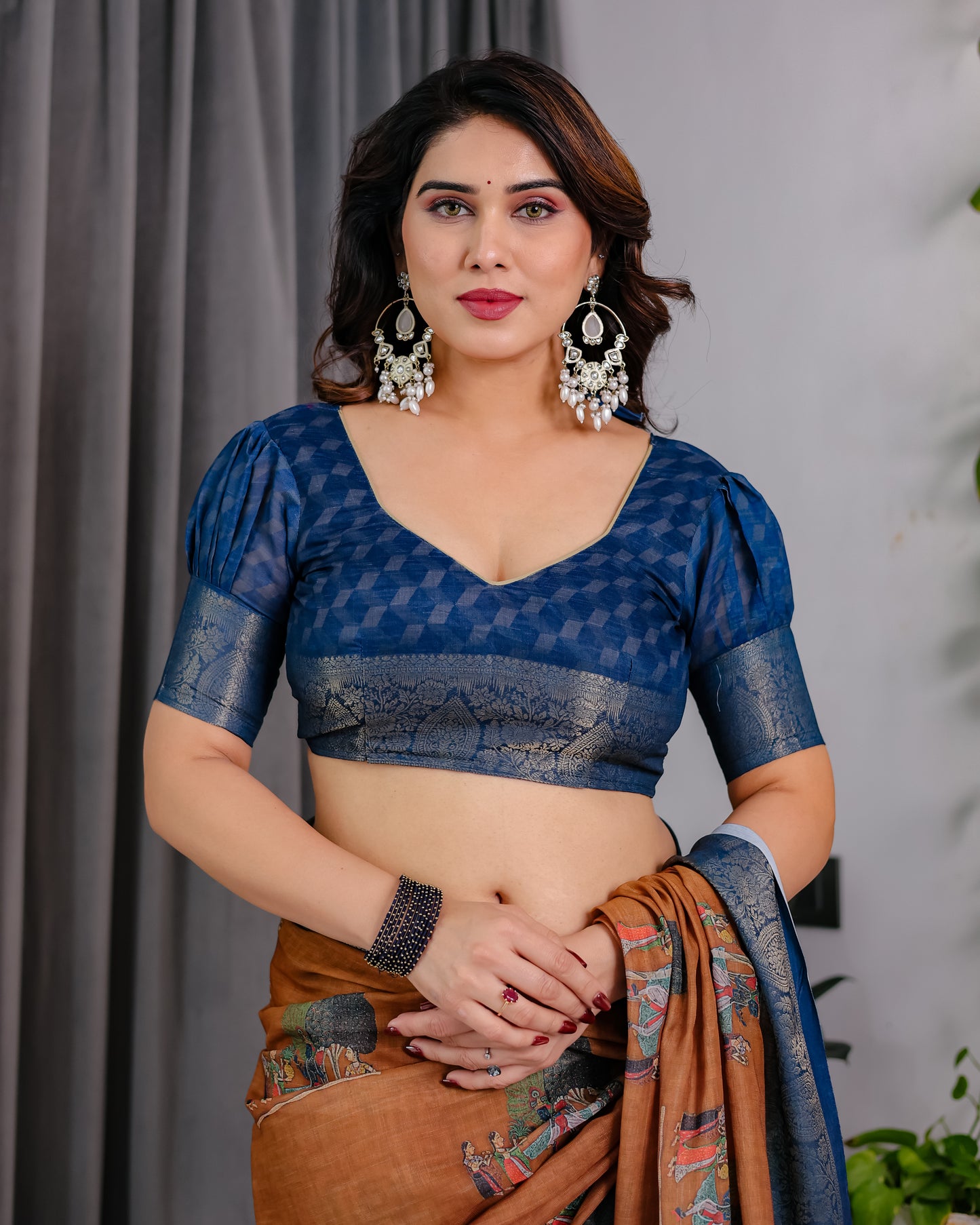 Classic Brown & Indigo Art Silk Saree with Royal Folk Motif Heritage Design
