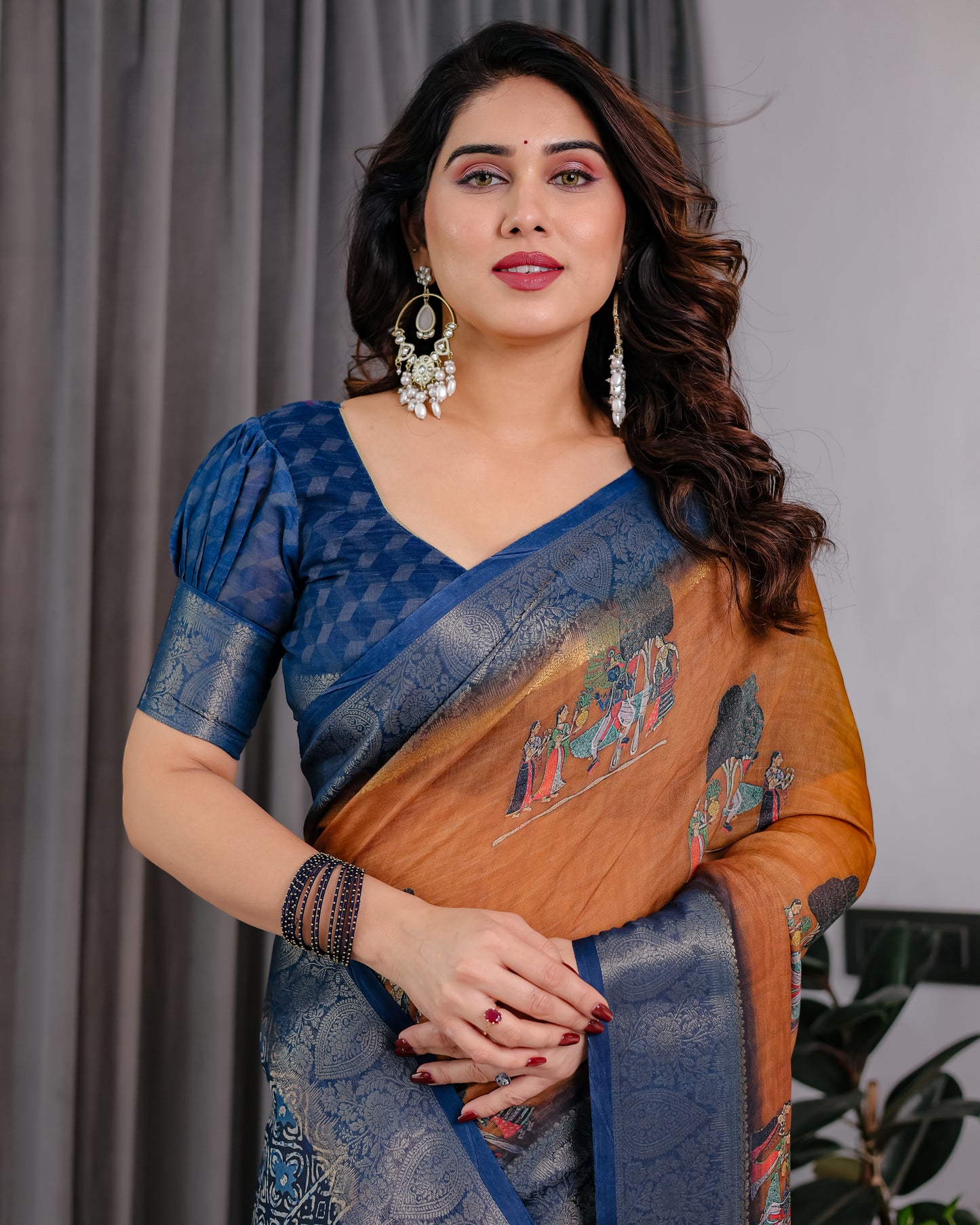 Classic Brown & Indigo Art Silk Saree with Royal Folk Motif Heritage Design