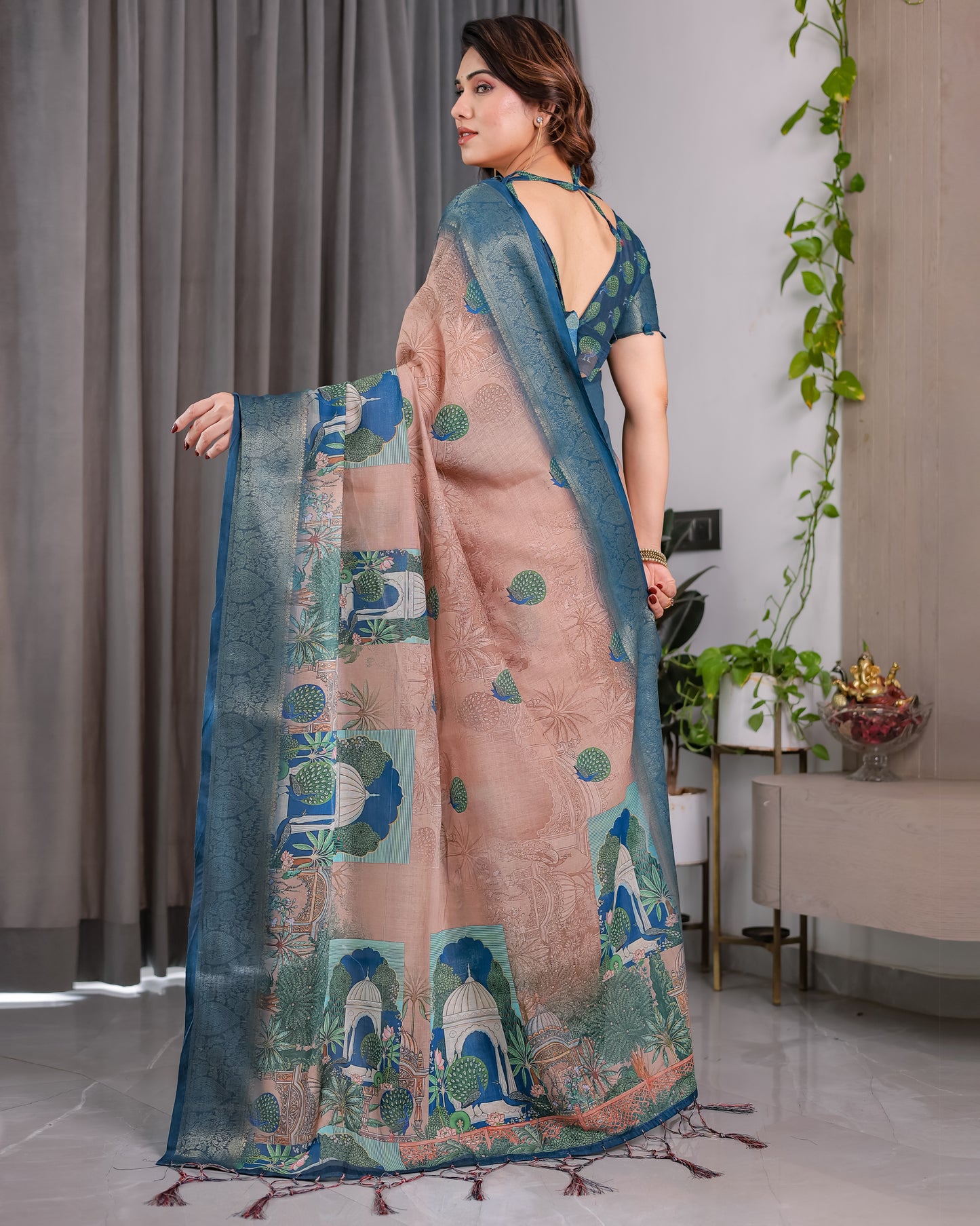 Regal Morpich Art Silk Saree with Royal Palace Garden Heritage Design