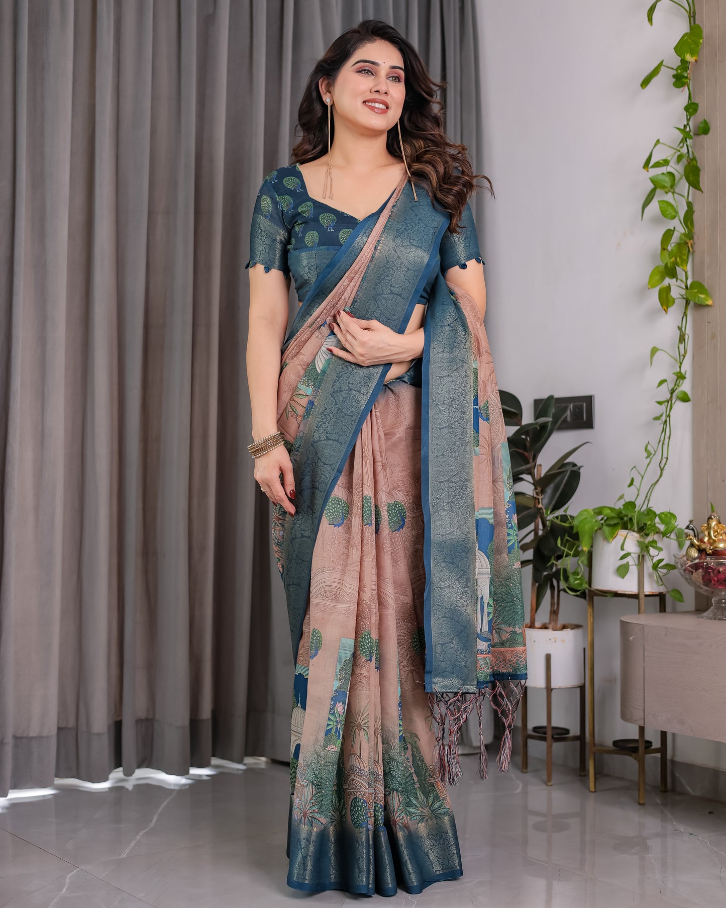 Regal Morpich Art Silk Saree with Royal Palace Garden Heritage Design