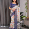 Elegant White Art Silk Saree with Royal Blue Border & Vintage Floral Garden Design