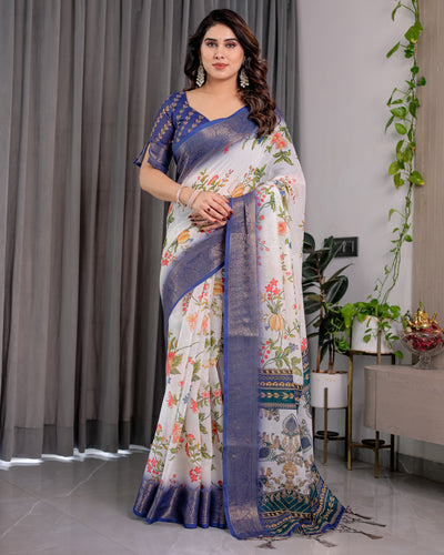 Elegant White Art Silk Saree with Royal Blue Border & Vintage Floral Garden Design
