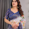 Elegant White Art Silk Saree with Royal Blue Border & Vintage Floral Garden Design