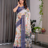 Elegant White Art Silk Saree with Royal Blue Border & Vintage Floral Garden Design