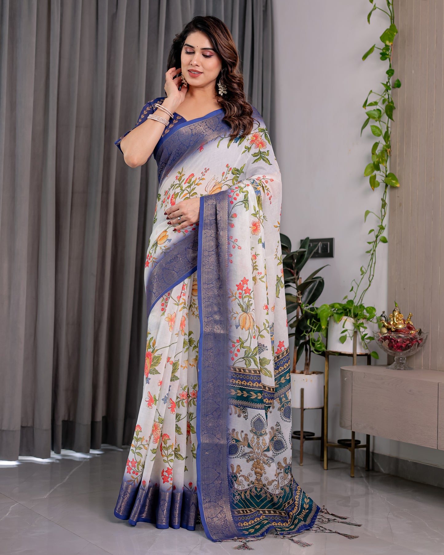 Elegant White Art Silk Saree with Royal Blue Border & Vintage Floral Garden Design