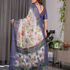 Elegant White Art Silk Saree with Royal Blue Border & Vintage Floral Garden Design