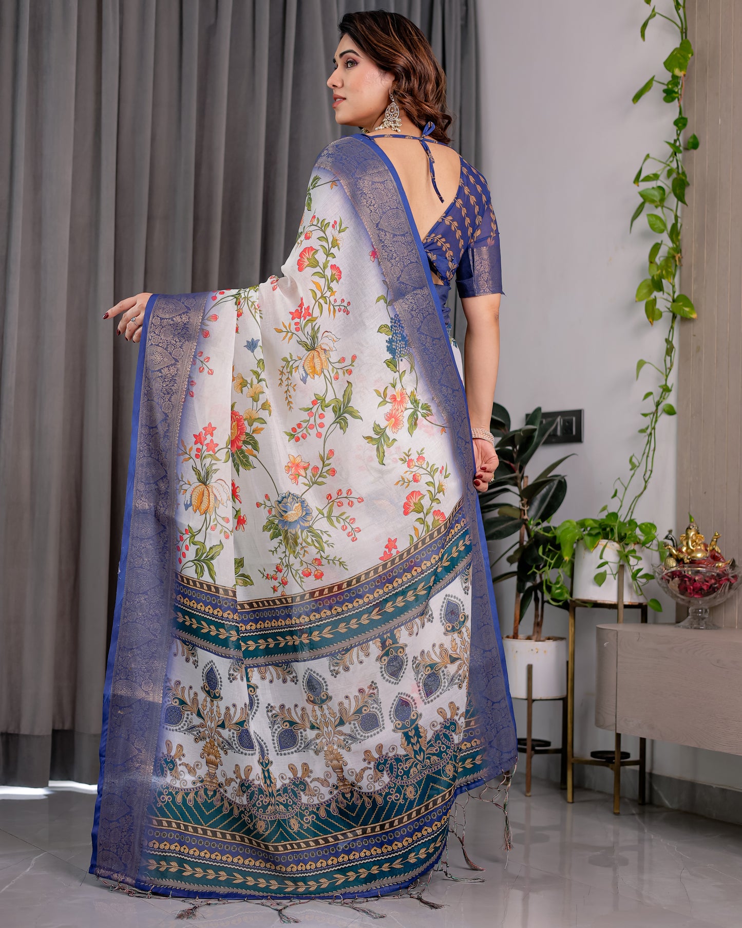 Elegant White Art Silk Saree with Royal Blue Border & Vintage Floral Garden Design