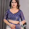 Elegant White Art Silk Saree with Royal Blue Border & Vintage Floral Garden Design