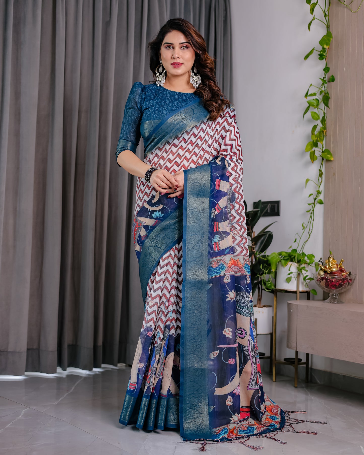 Royal Navy Blue Art Silk Saree with Classic Chevron & Heritage Panel Design