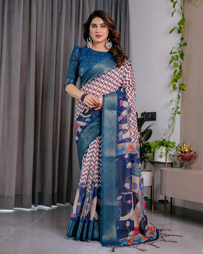 Royal Navy Blue Art Silk Saree with Classic Chevron & Heritage Panel Design