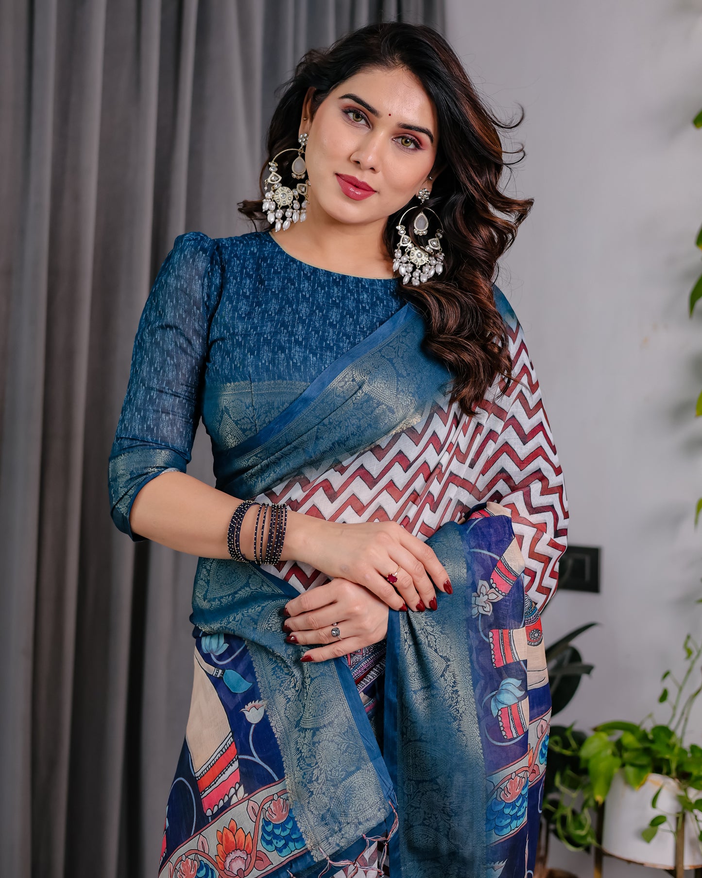 Royal Navy Blue Art Silk Saree with Classic Chevron & Heritage Panel Design