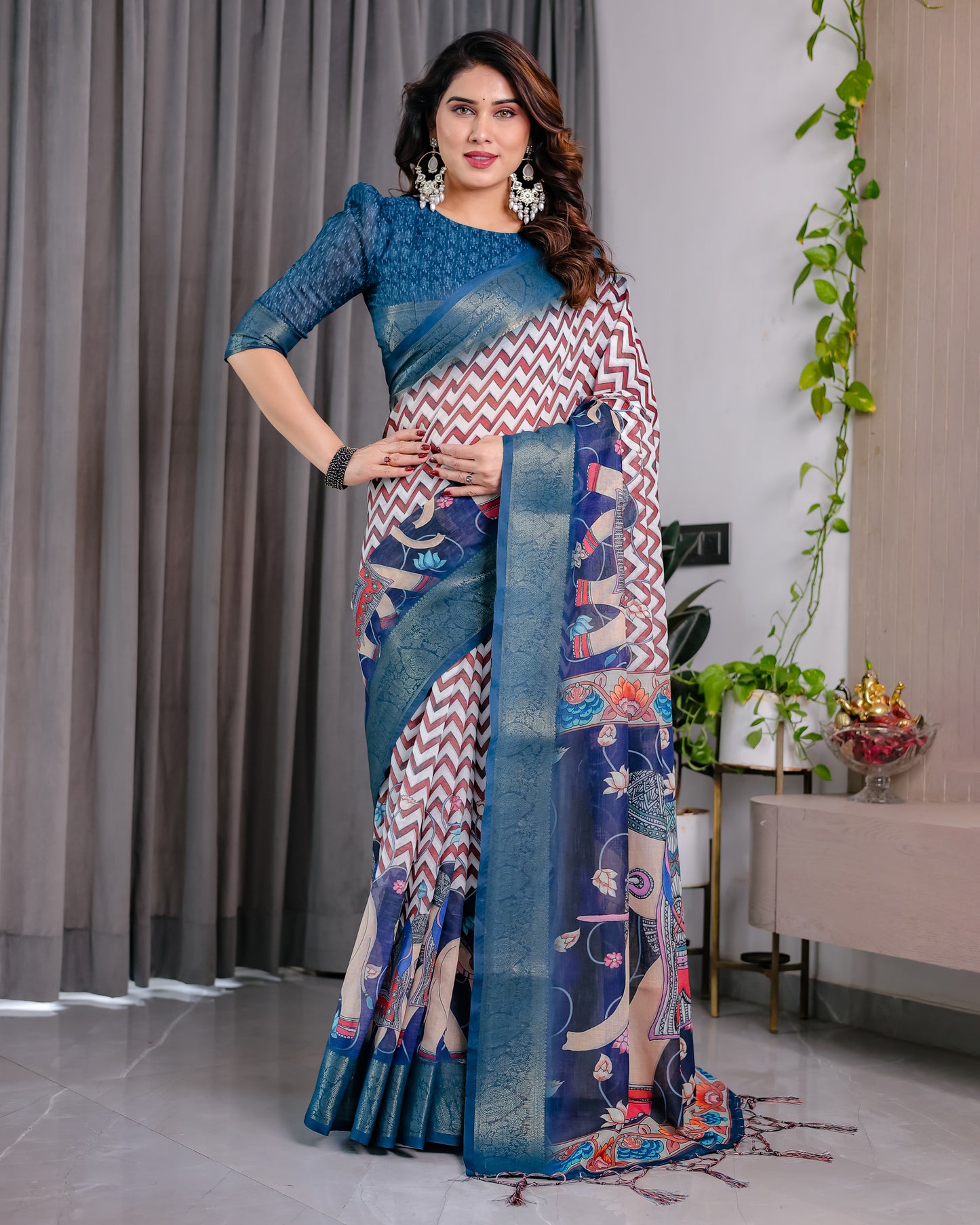 Royal Navy Blue Art Silk Saree with Classic Chevron & Heritage Panel Design