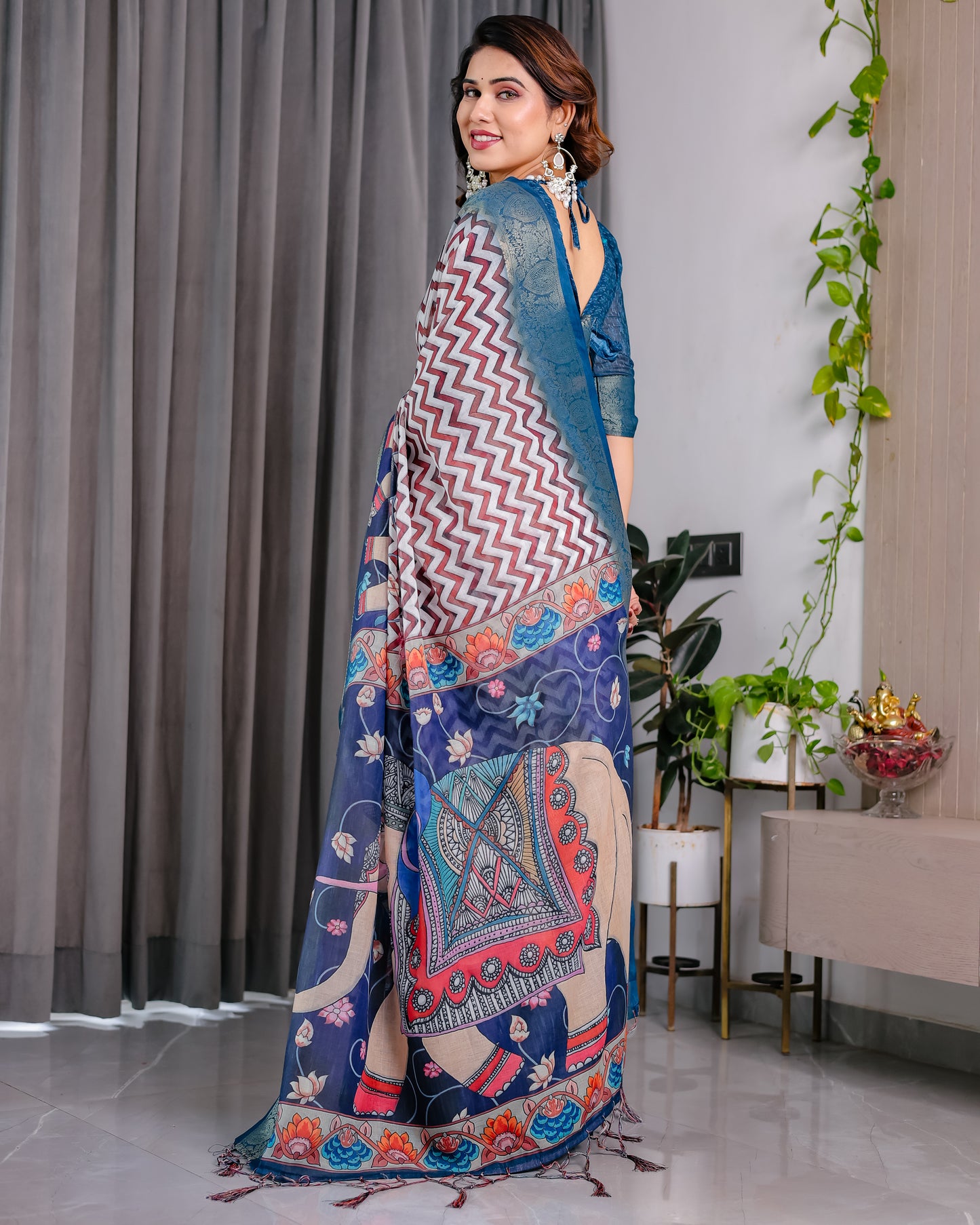 Royal Navy Blue Art Silk Saree with Classic Chevron & Heritage Panel Design