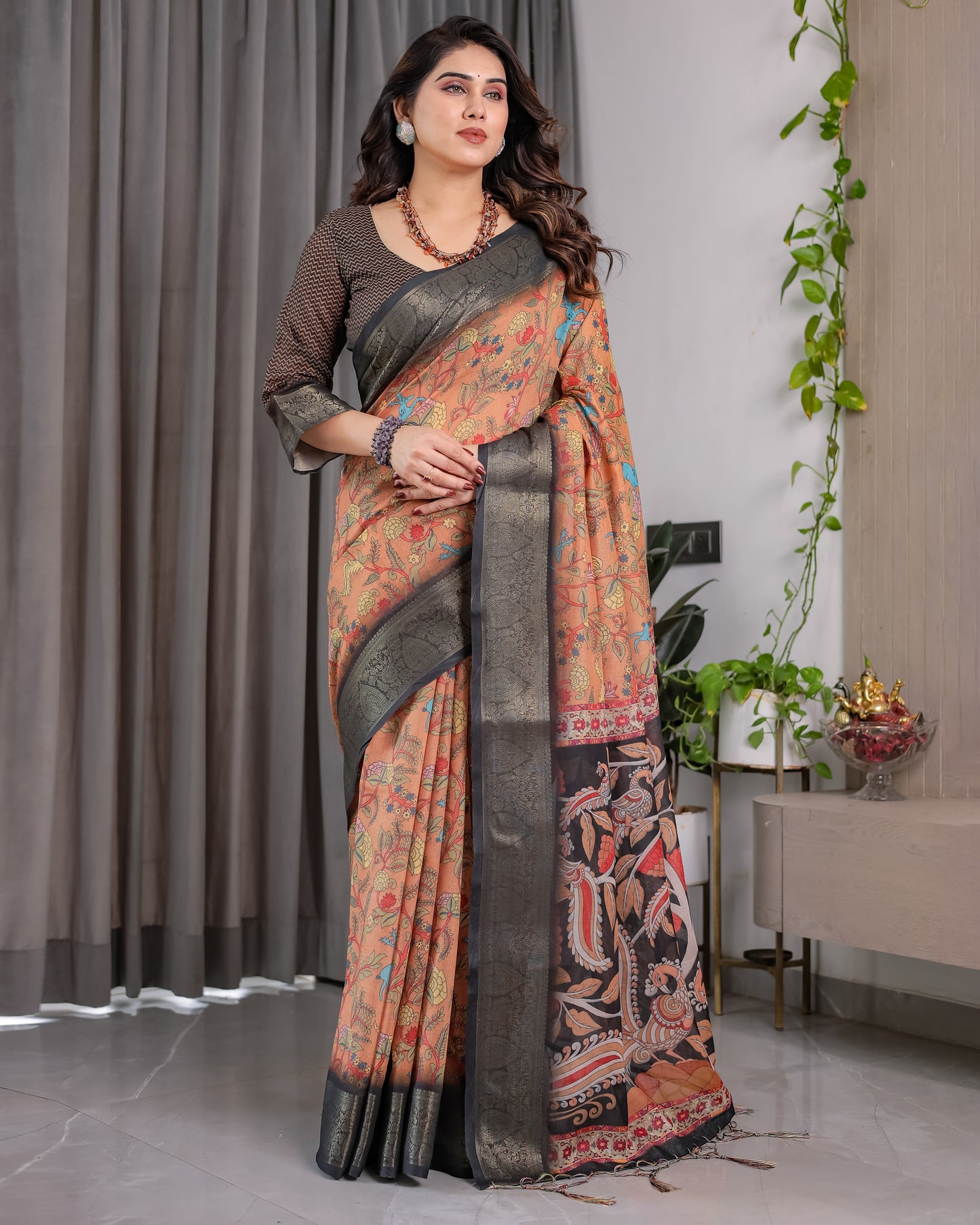 Royal Brown Art Silk Saree with Heritage Tree of Life & Bird Motif Design
