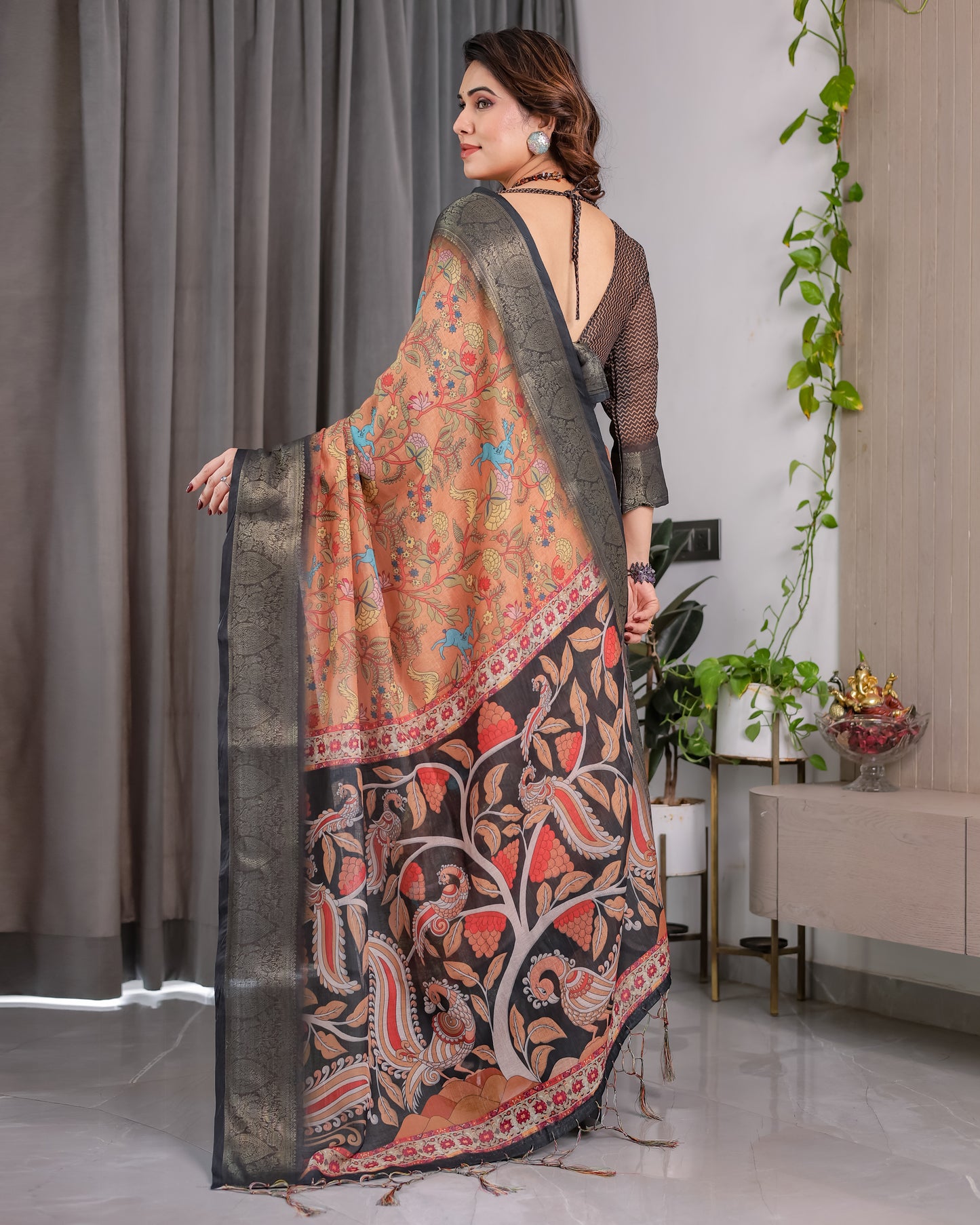Royal Brown Art Silk Saree with Heritage Tree of Life & Bird Motif Design
