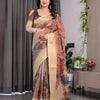 Elegant Cream Art Silk Saree with Royal Peacock & Floral Heritage Garden Design