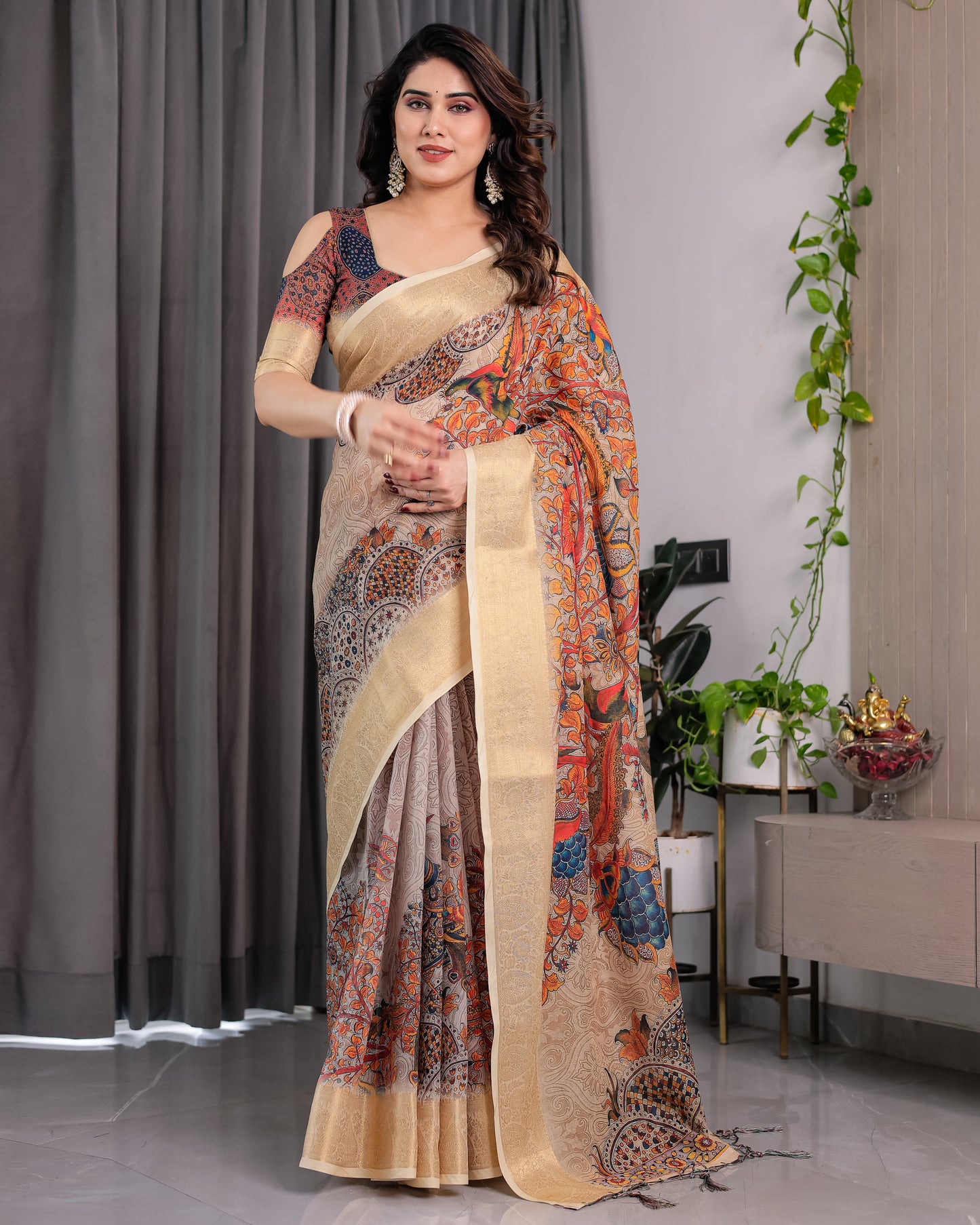 Elegant Cream Art Silk Saree with Royal Peacock & Floral Heritage Garden Design