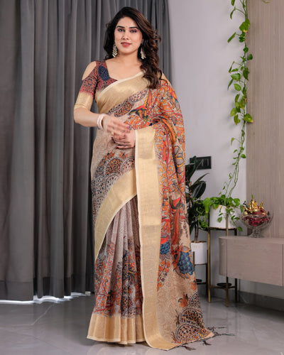 Elegant Cream Art Silk Saree with Royal Peacock & Floral Heritage Garden Design