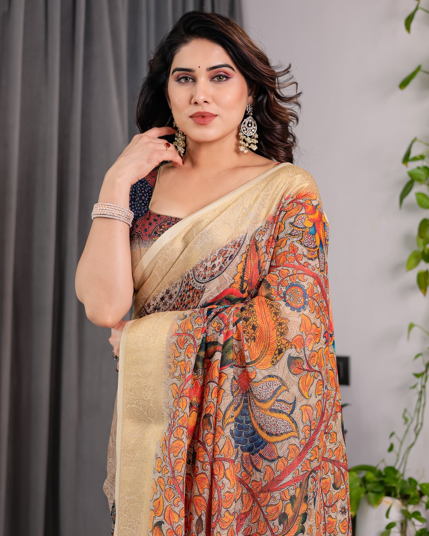 Elegant Cream Art Silk Saree with Royal Peacock & Floral Heritage Garden Design