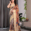Elegant Cream Art Silk Saree with Royal Peacock & Floral Heritage Garden Design
