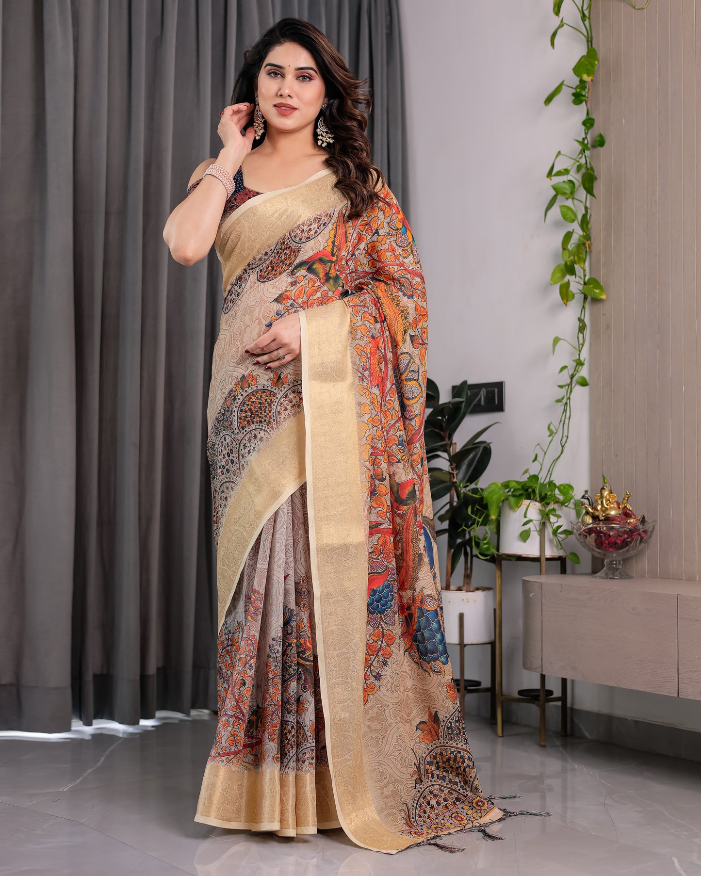 Elegant Cream Art Silk Saree with Royal Peacock & Floral Heritage Garden Design