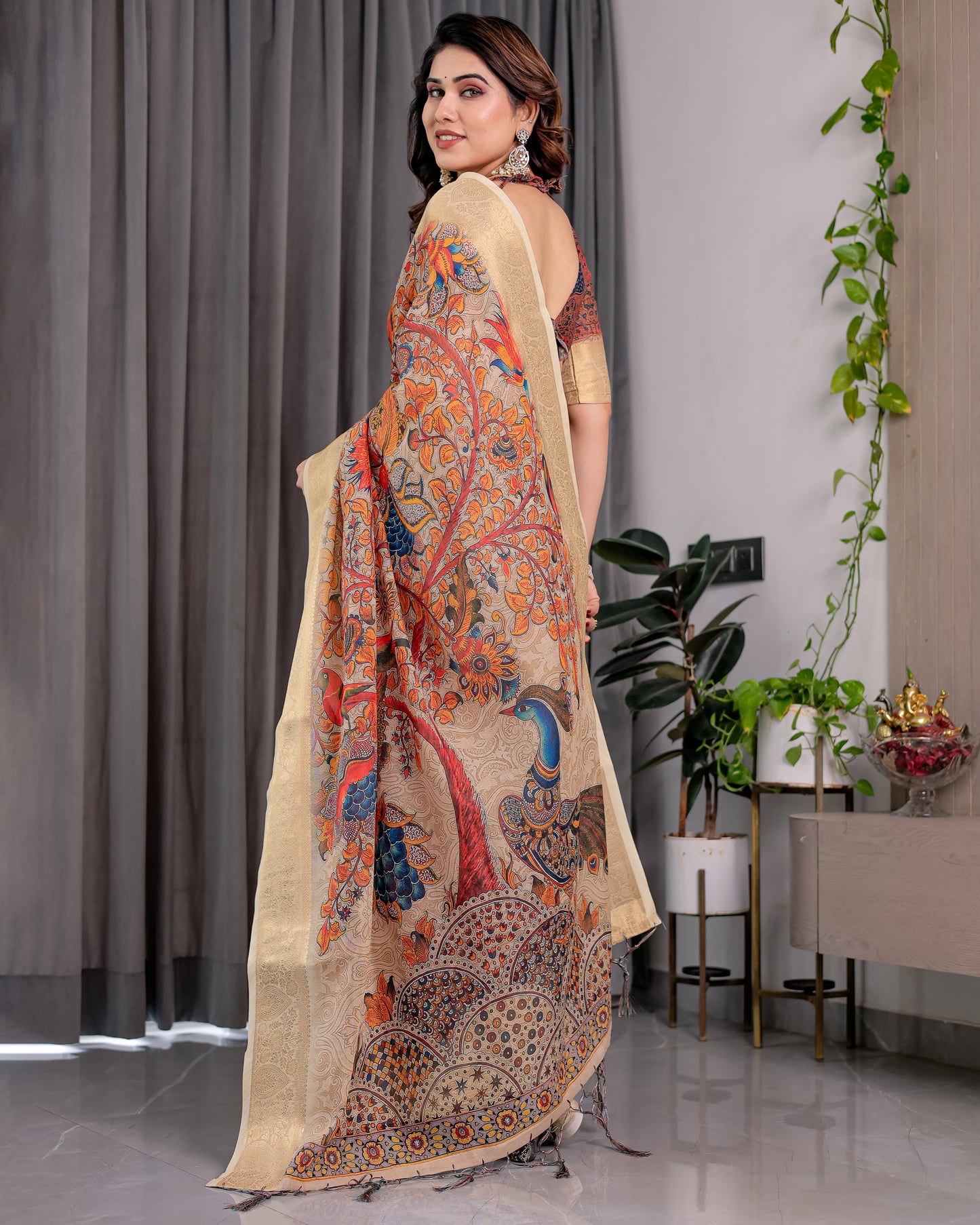 Elegant Cream Art Silk Saree with Royal Peacock & Floral Heritage Garden Design