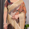 Elegant Cream Art Silk Saree with Royal Peacock & Floral Heritage Garden Design