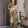 Graceful Olive Green Art Silk Saree with Vintage Floral & Peacock Garden Heritage Design