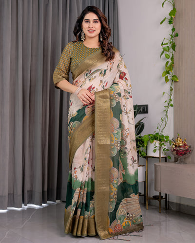 Graceful Olive Green Art Silk Saree with Vintage Floral & Peacock Garden Heritage Design