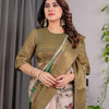 Graceful Olive Green Art Silk Saree with Vintage Floral & Peacock Garden Heritage Design