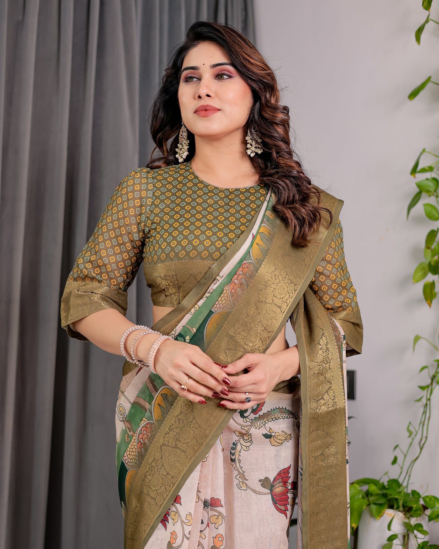 Graceful Olive Green Art Silk Saree with Vintage Floral & Peacock Garden Heritage Design