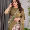 Graceful Olive Green Art Silk Saree with Vintage Floral & Peacock Garden Heritage Design