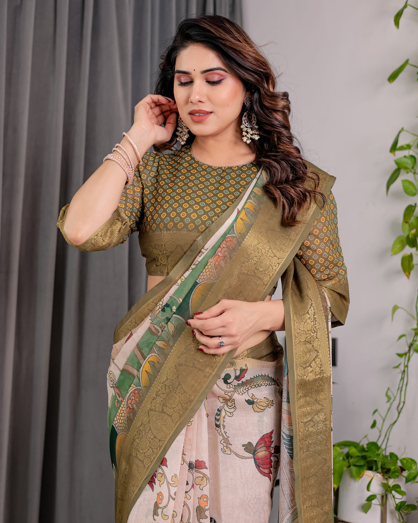 Graceful Olive Green Art Silk Saree with Vintage Floral & Peacock Garden Heritage Design