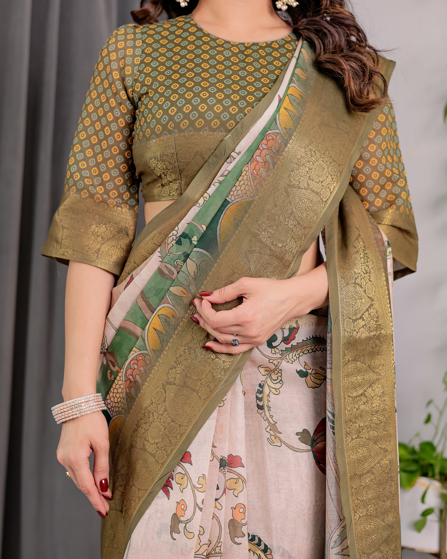 Graceful Olive Green Art Silk Saree with Vintage Floral & Peacock Garden Heritage Design