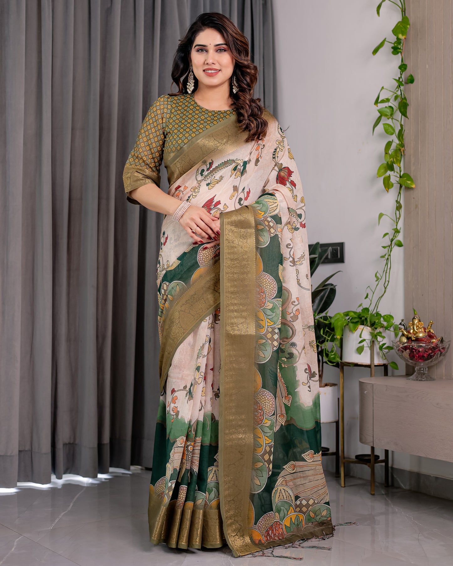 Graceful Olive Green Art Silk Saree with Vintage Floral & Peacock Garden Heritage Design