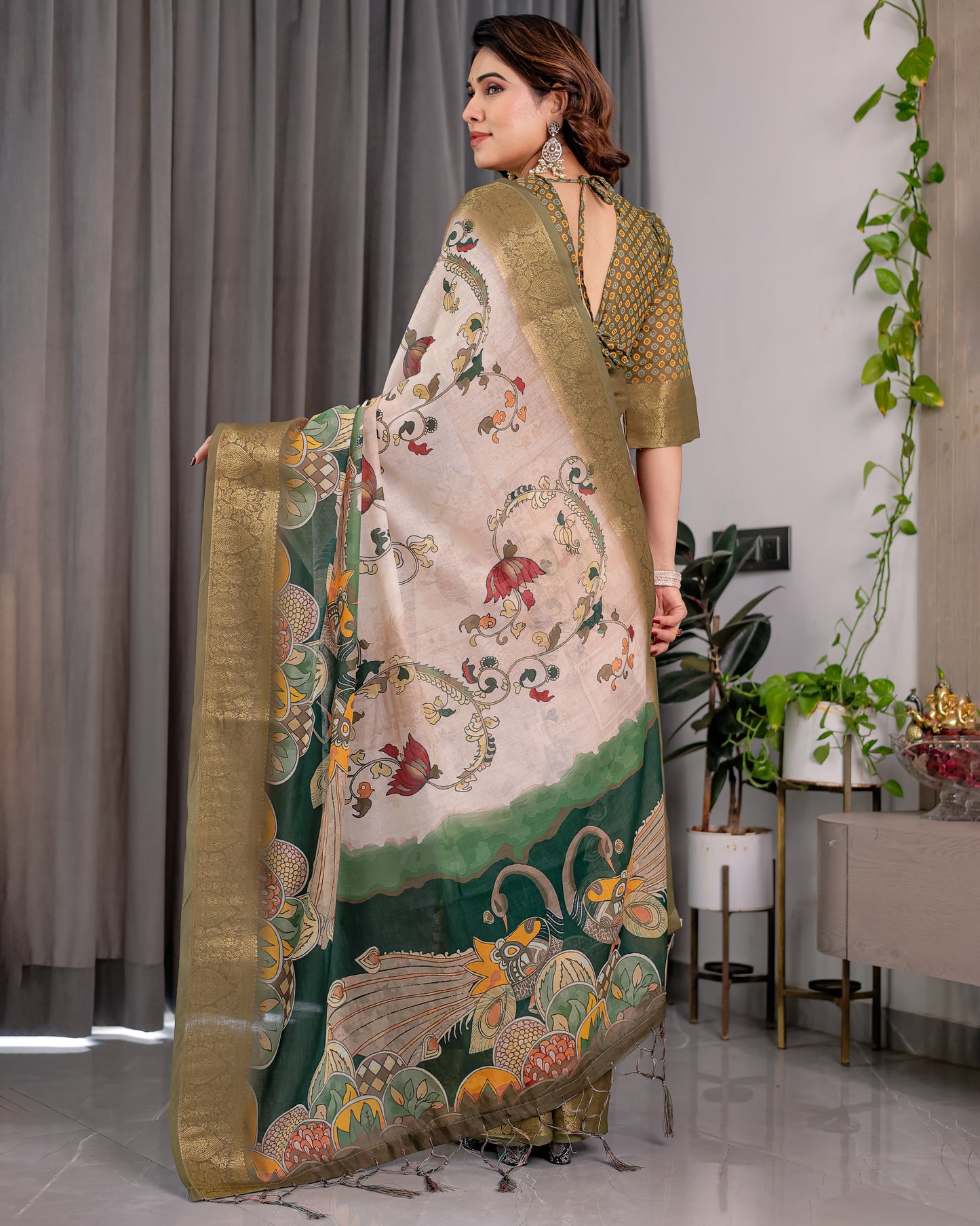 Graceful Olive Green Art Silk Saree with Vintage Floral & Peacock Garden Heritage Design