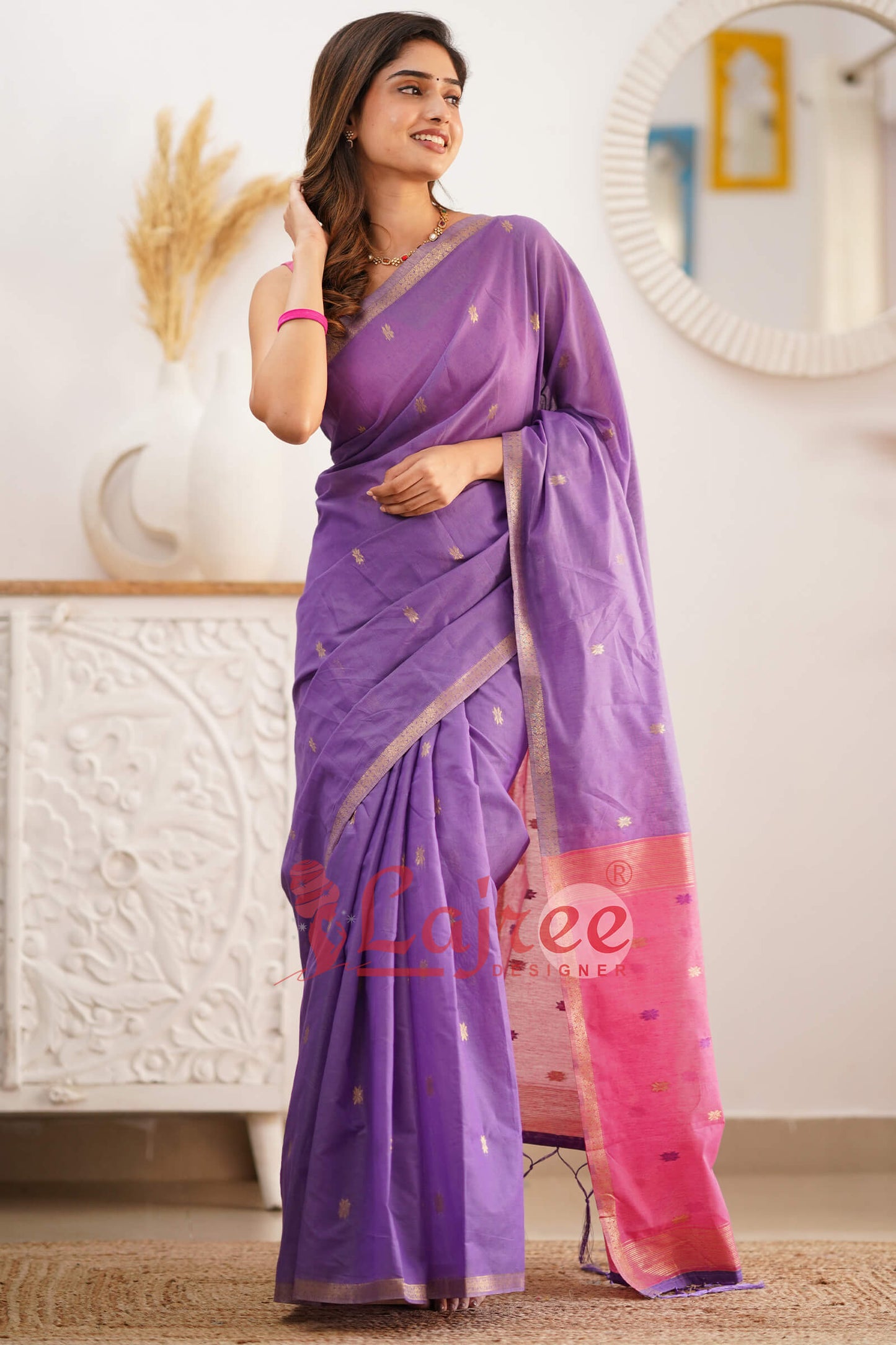 Gorgeous Lavendor Cotton Silk Saree With Sizzling Blouse Piece