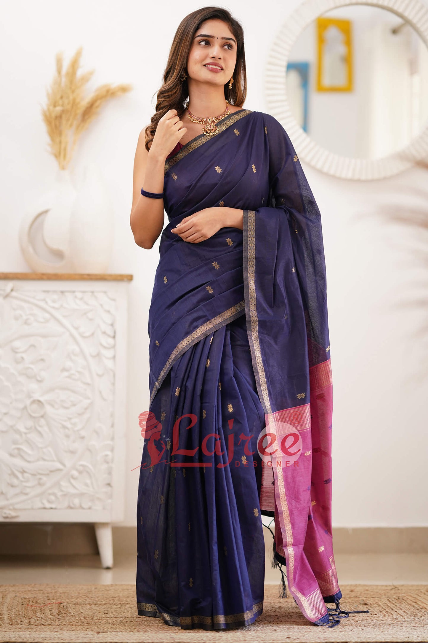 Sizzling Navy Blue Cotton Silk Saree With Mesmerising Blouse Piece