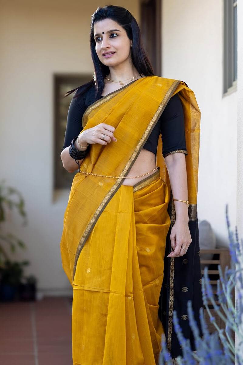 Pretty Mustard Cotton Silk Saree With Beautiful Blouse Piece