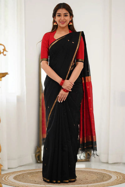 Embellished Black Cotton Silk Saree With Ethereal Blouse Piece
