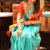 Blissful Turquoise Soft Silk Saree with Ethnic Blouse Piece