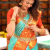 Blissful Turquoise Soft Silk Saree with Ethnic Blouse Piece